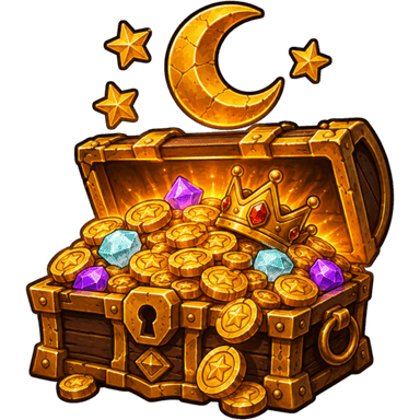Treasure chest overflowing with gold under a crescent moon