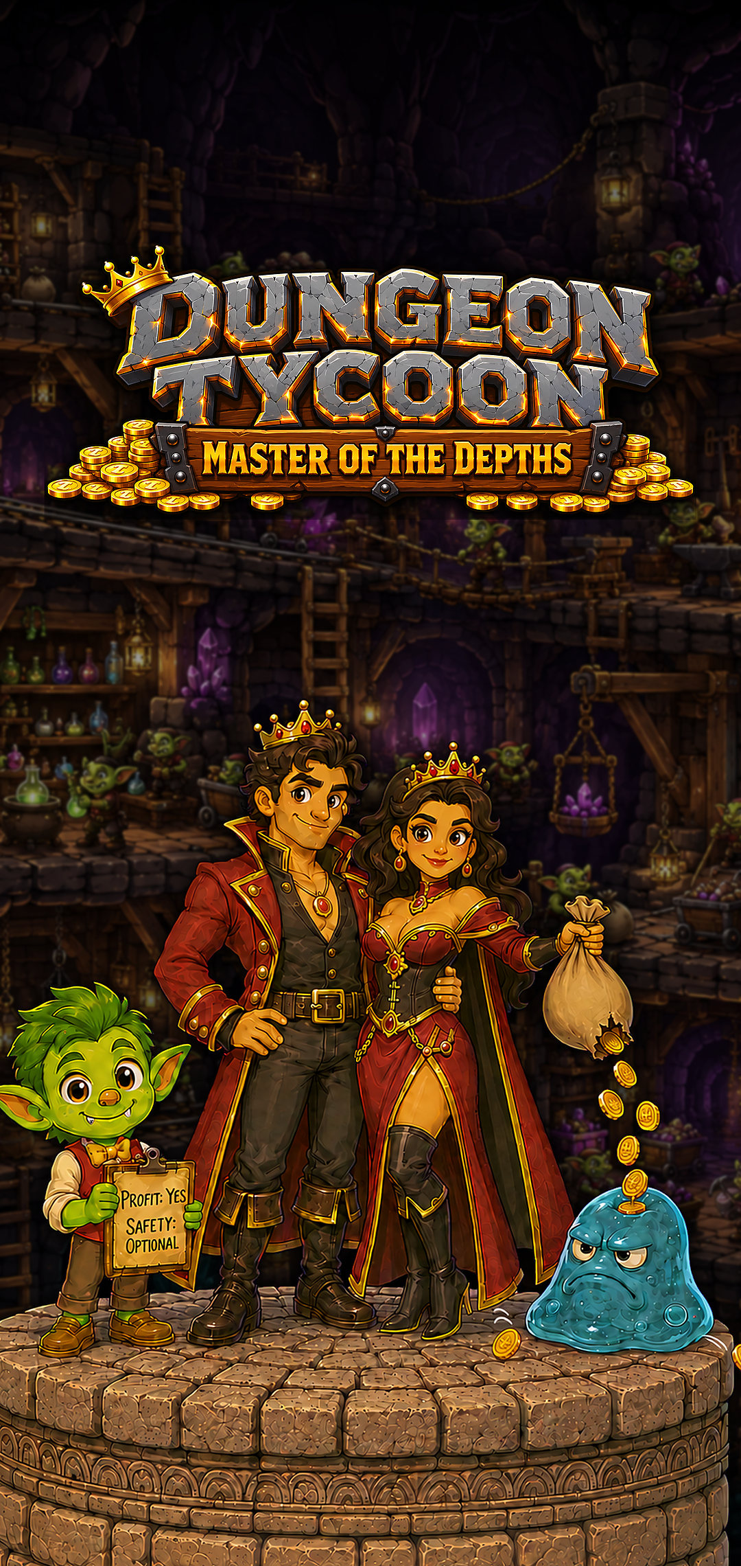 The dungeon lord on a balcony over his dungeon, coin sack in hand, with a goblin assistant and a slime