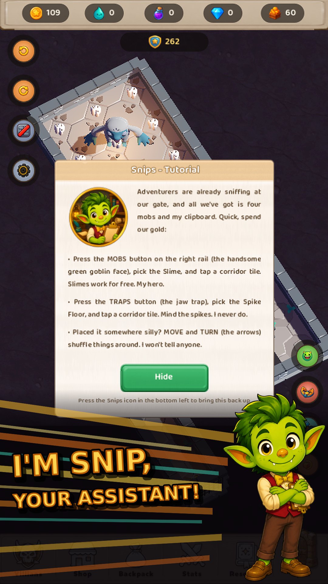Snips the goblin assistant introducing the dungeon tutorial