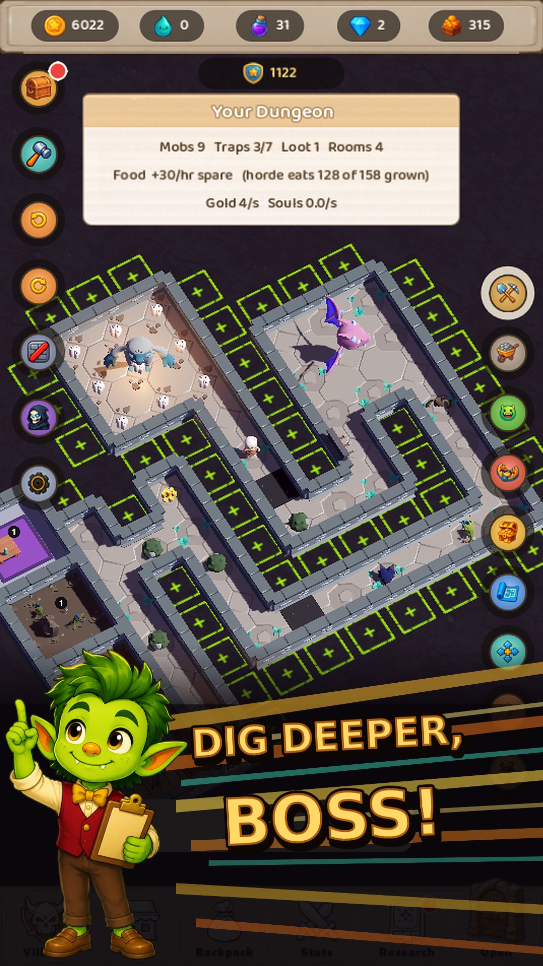 Isometric view of a player-built dungeon layout with monsters and traps placed