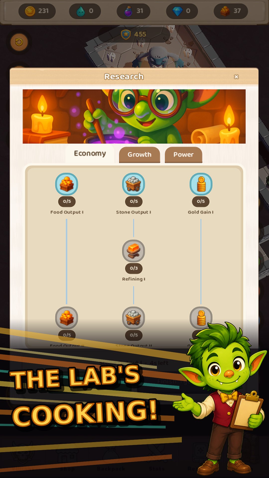 The research lab screen showing the upgrade tree mid-progress