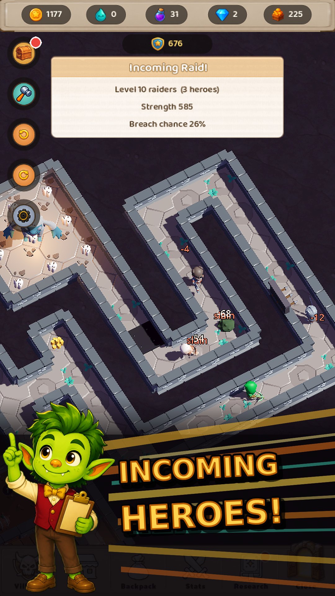 An incoming hero raid approaching the dungeon defences