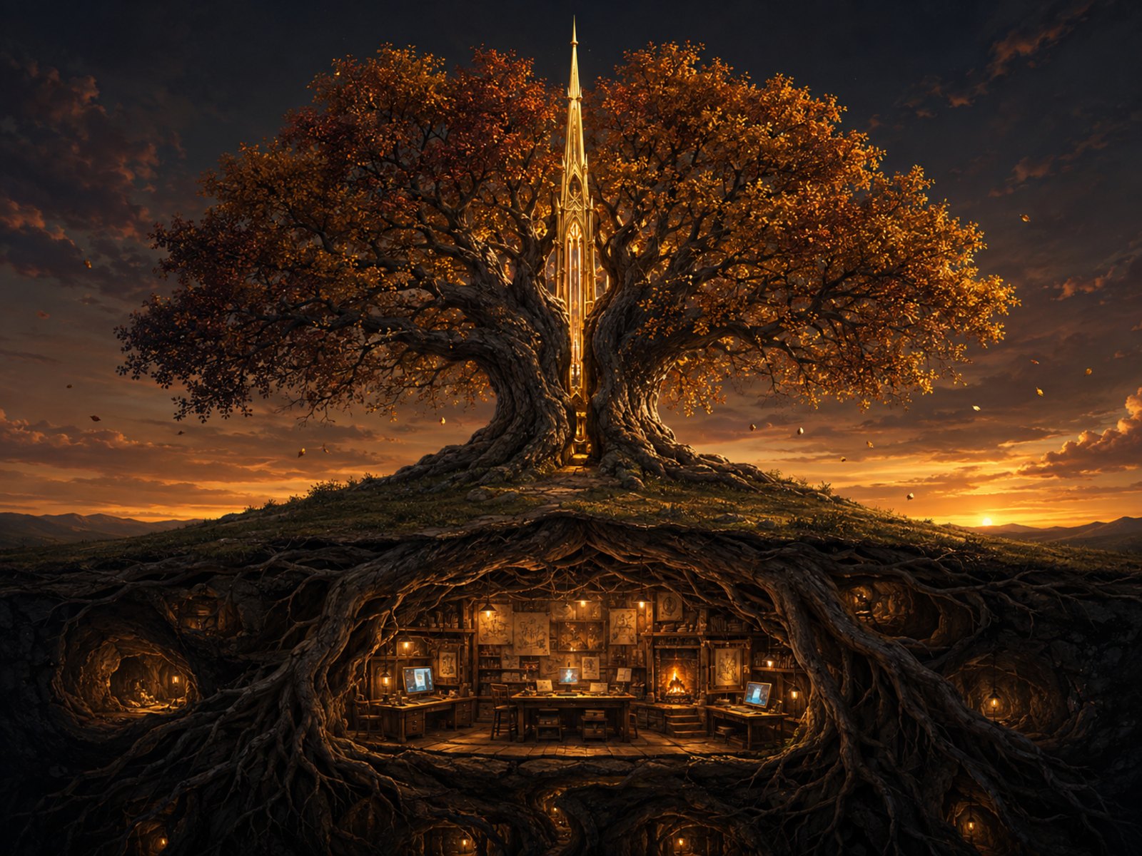 A great oak with a golden spire through its trunk, the Oakspire workshop lit among its roots
